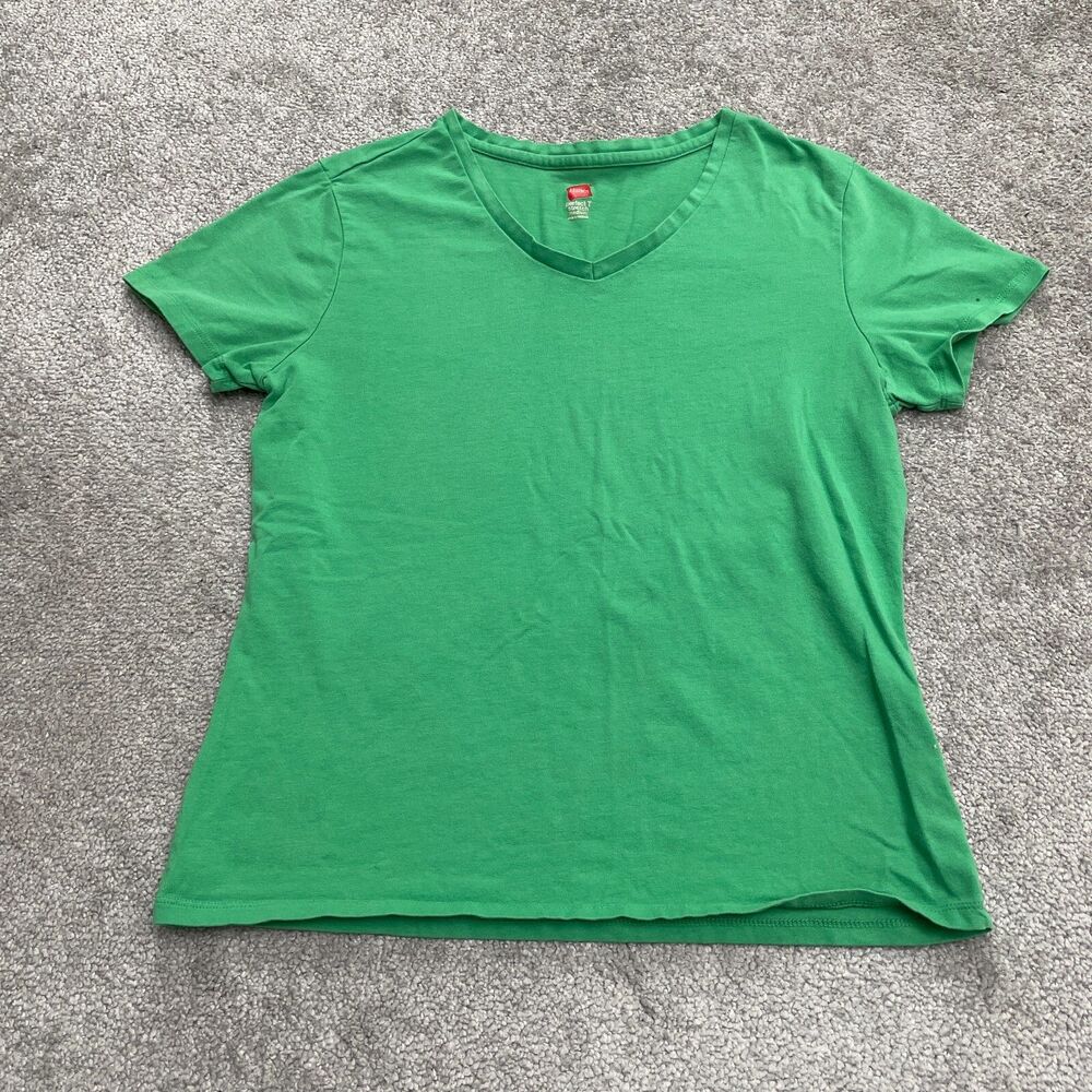 Hanes Perfect T Stretch T-Shirt Womens Medium Green V-Neck Casual Cotton Tee Top